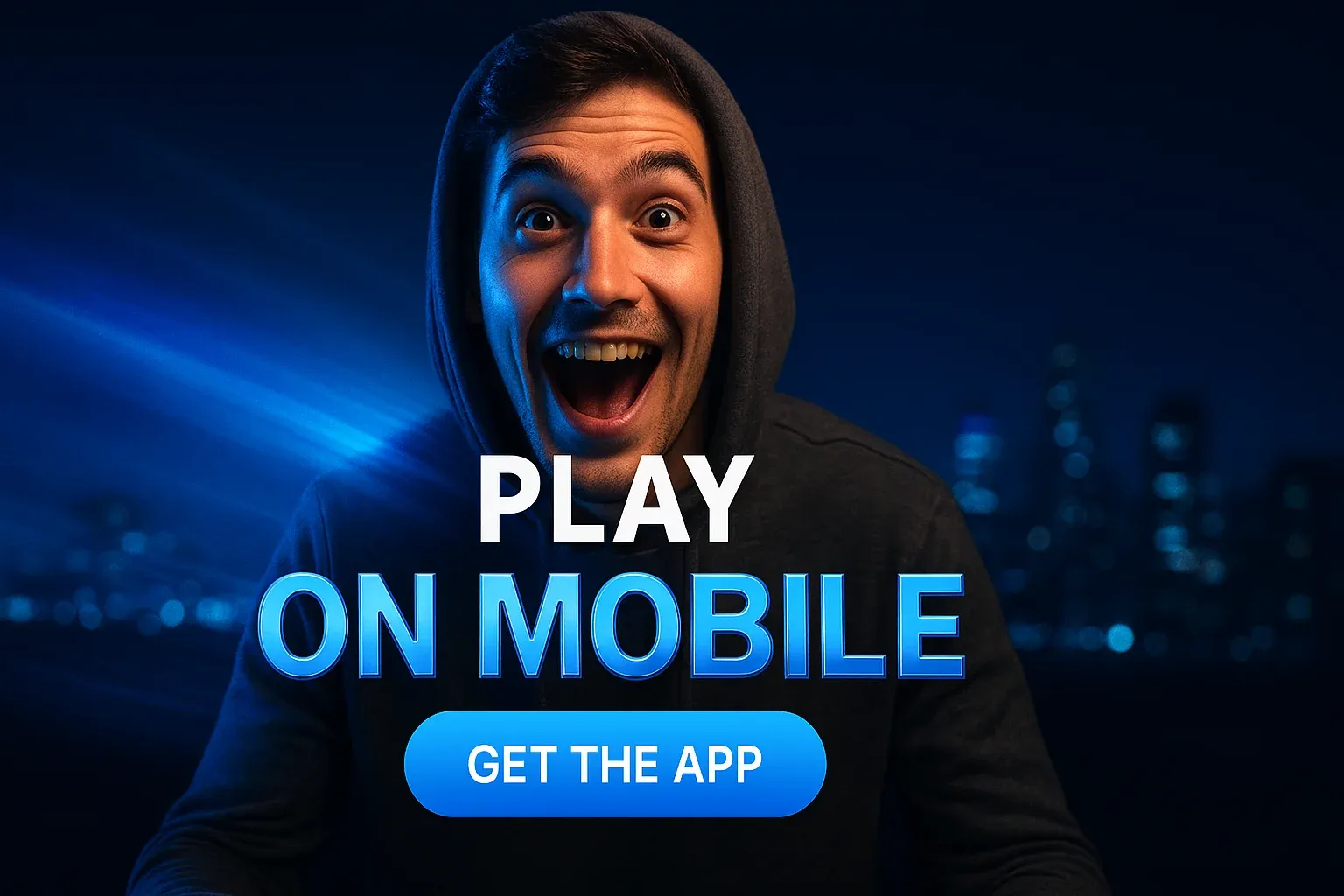 Photorealistic casino app banner with British man, neon blue text and CTA