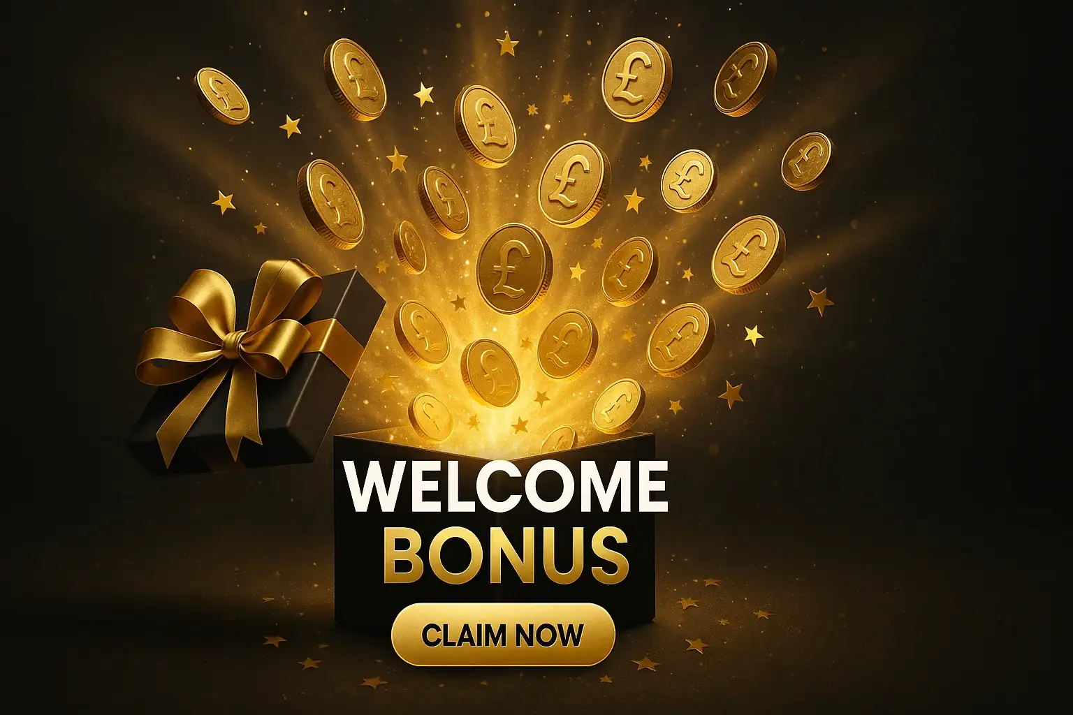 Photorealistic casino banner with luxury gift box, pound coins and welcome bonus text