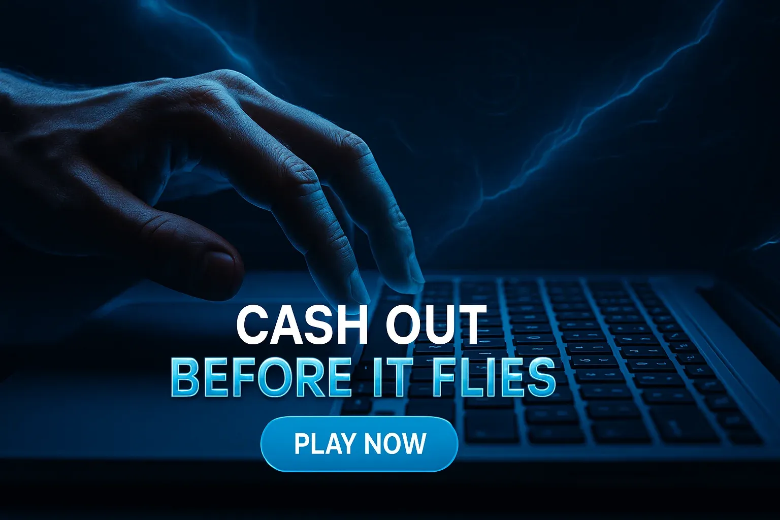 Hands on laptop keyboard with electric blue cash out banner