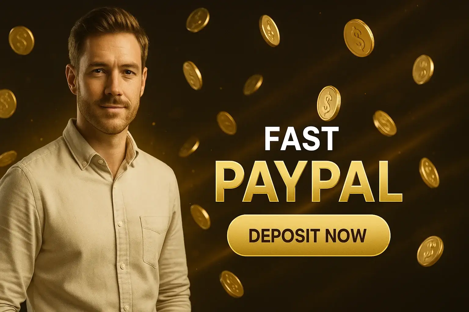 Photorealistic casino banner with British man, gold coins and fast deposit CTA