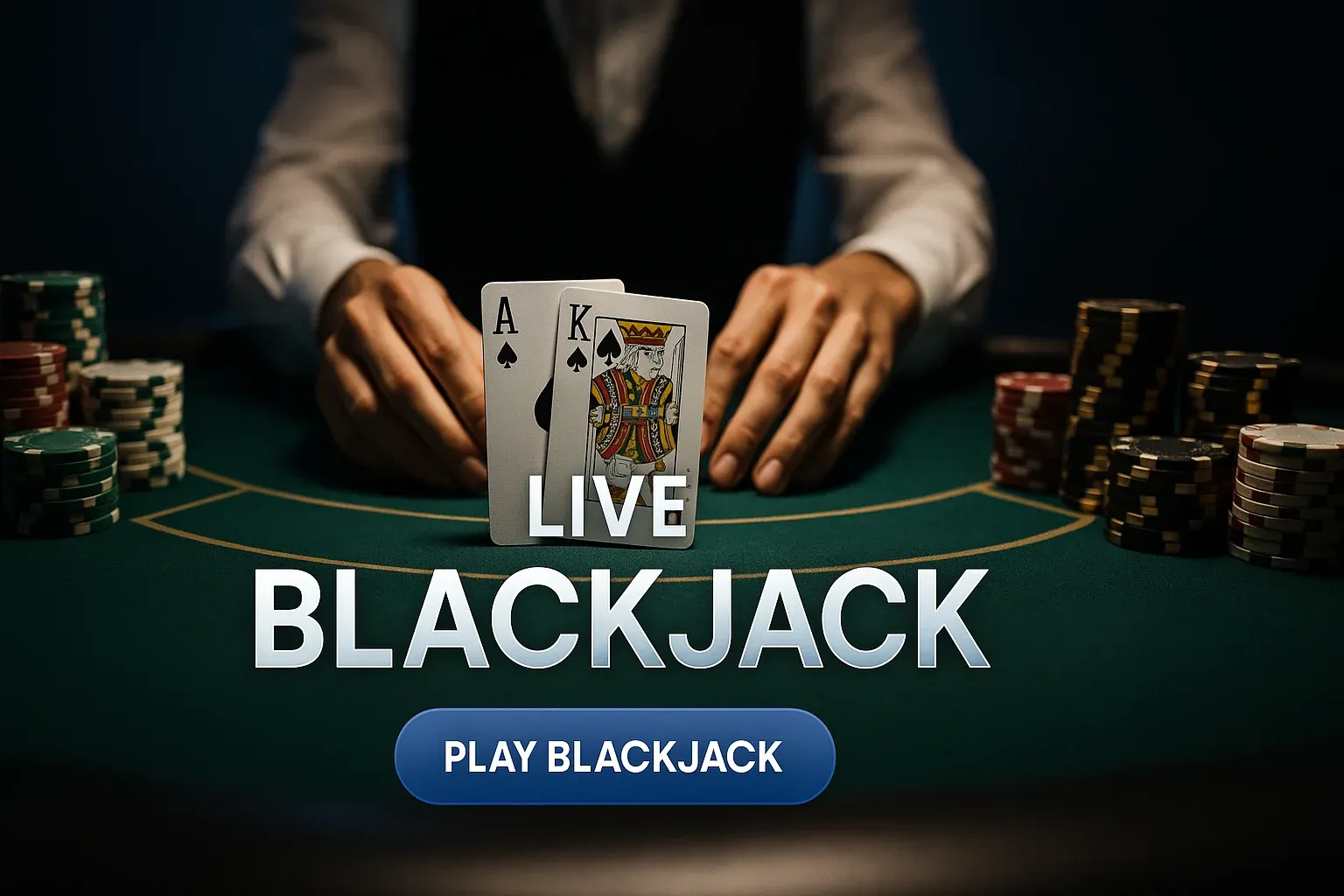 Photorealistic live blackjack table banner with cards, dealer hands and chips