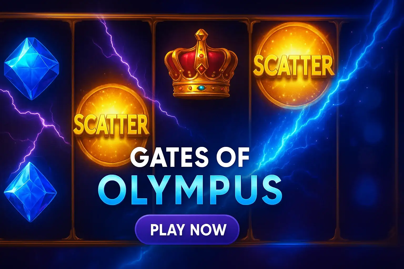 Photorealistic slot reels with purple lightning, glowing scatter symbols and CTA button