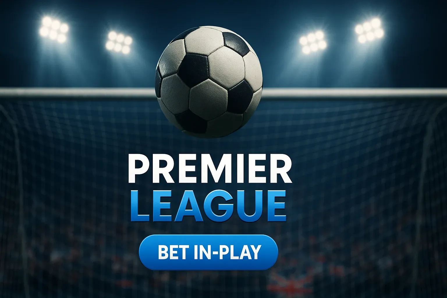 Photorealistic football betting banner with goal net, stadium lights and CTA button
